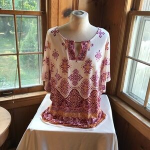 JM COLLECTION top, size Large. Purple & gold flower outlines, white background.